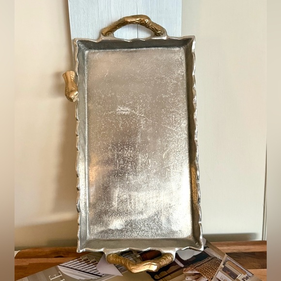 Vintage Metal Silver/Brass Bird Decor Tray Hammered Finish - Picture 8 of 12